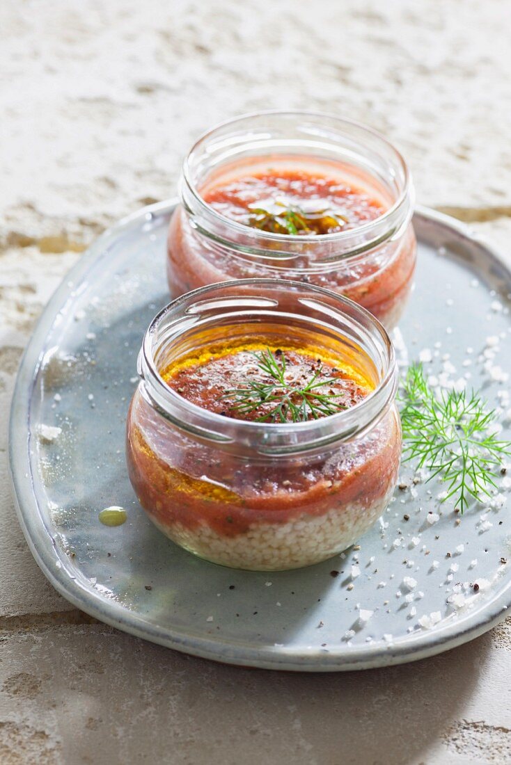 Couscous with gazpacho in jars