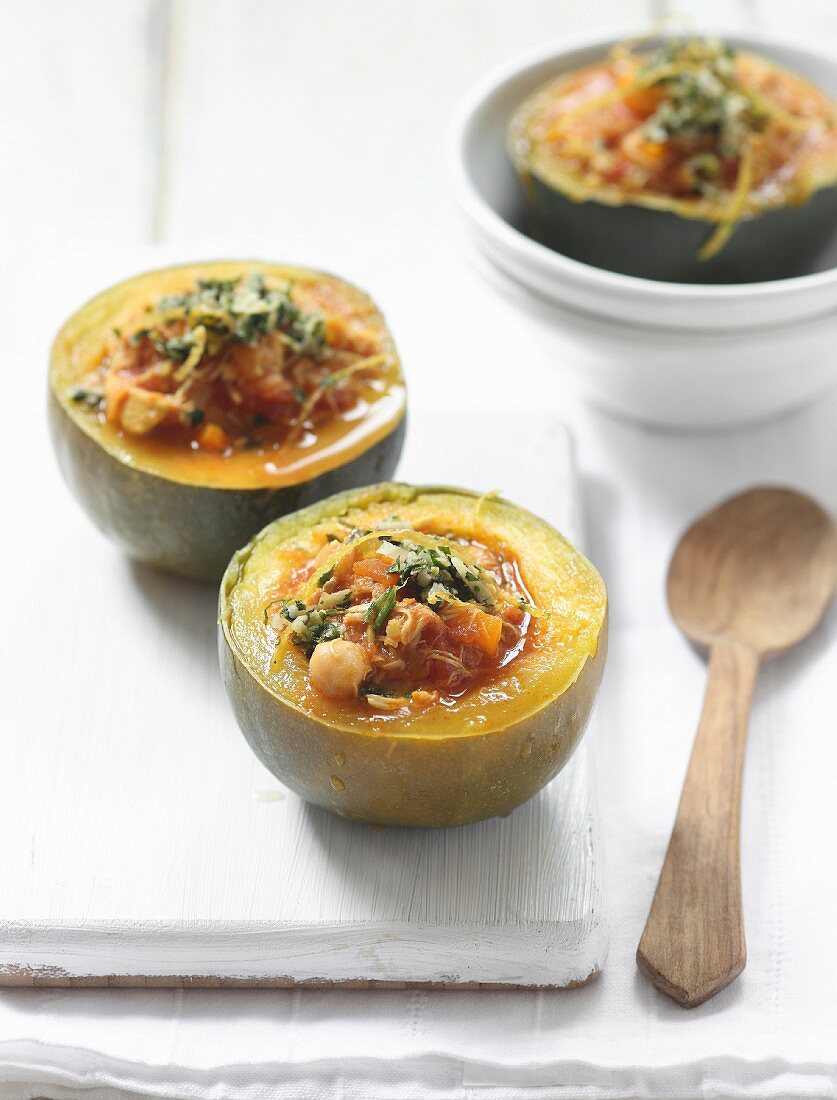 Moroccan chicken and chickpea soup served in pumpkins