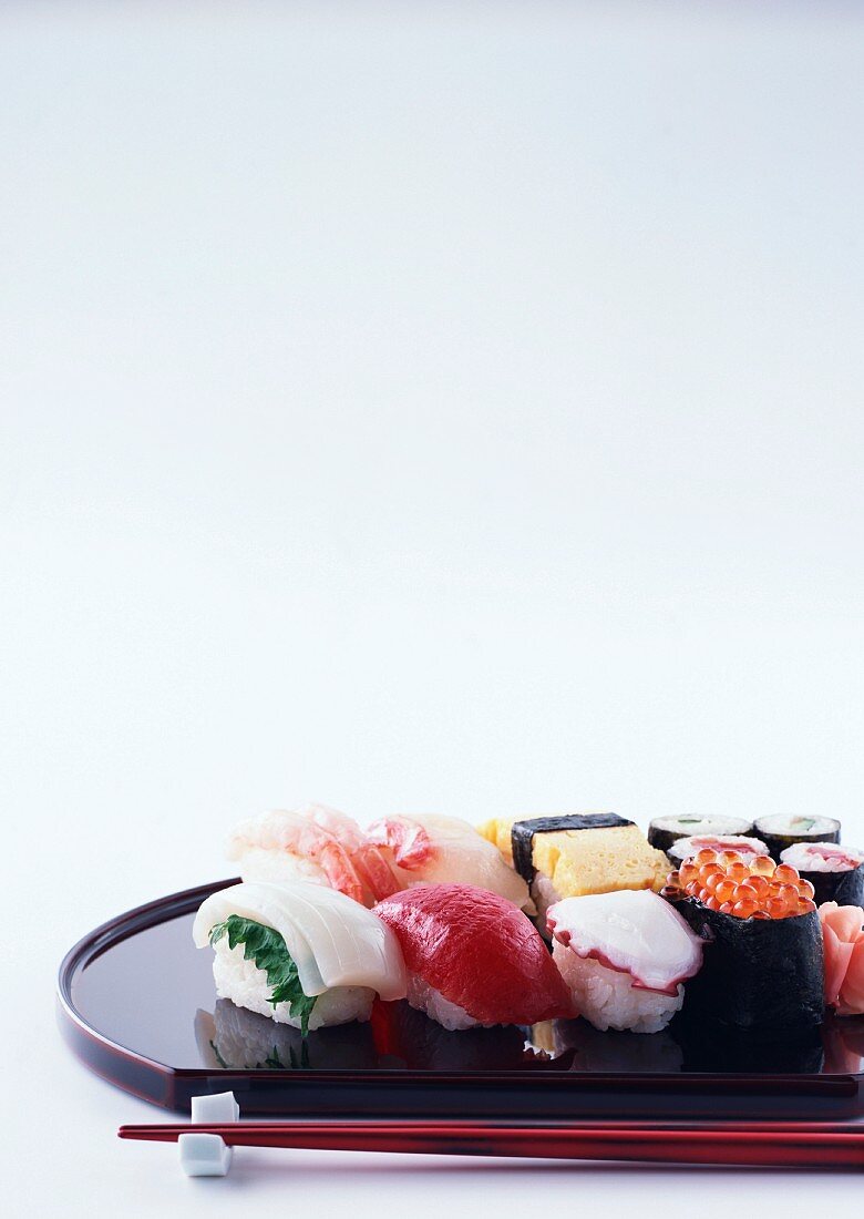 Sushi Platter with Chopsticks; White Background
