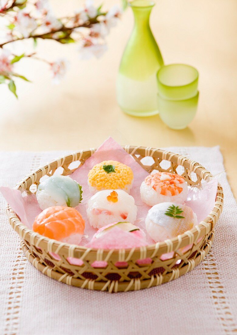A basket of temari sushi (Japan)