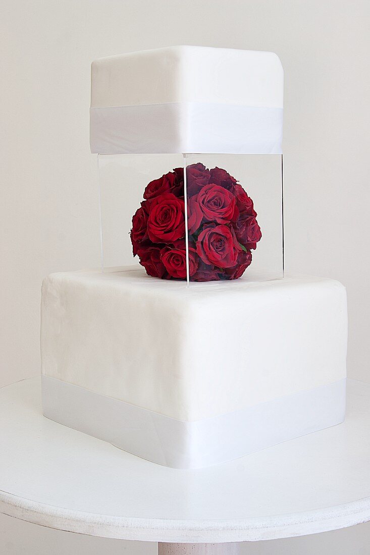 1670) 4 Tier Red & White Wedding Cake - ABC Cake Shop & Bakery