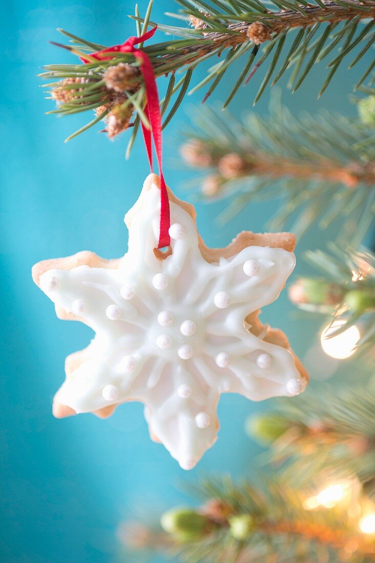 Weihnachtskeks mit Zuckerglasur als Christbaumanhänger