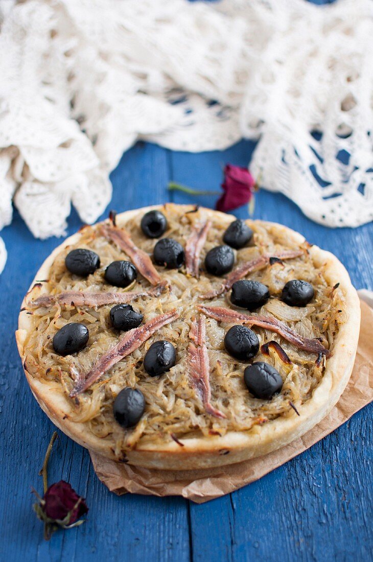 Pissaladiere (French pizza with caramelised onions, anchovies and black olives)