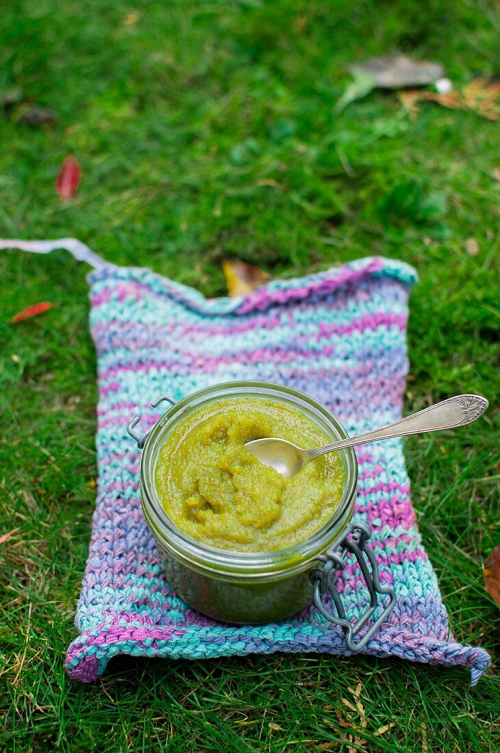 Pistachio butter (pistachio paste) in a jar