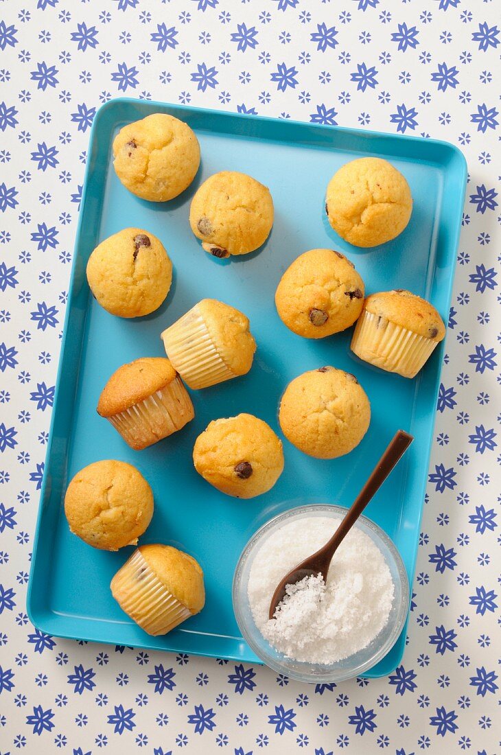 Muffins mit Chocolatechips und Kokosraspeln (Draufsicht)