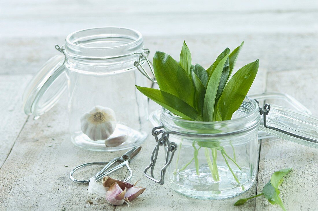 Fresh wild garlic and bulbs of garlic in a flip-top jar