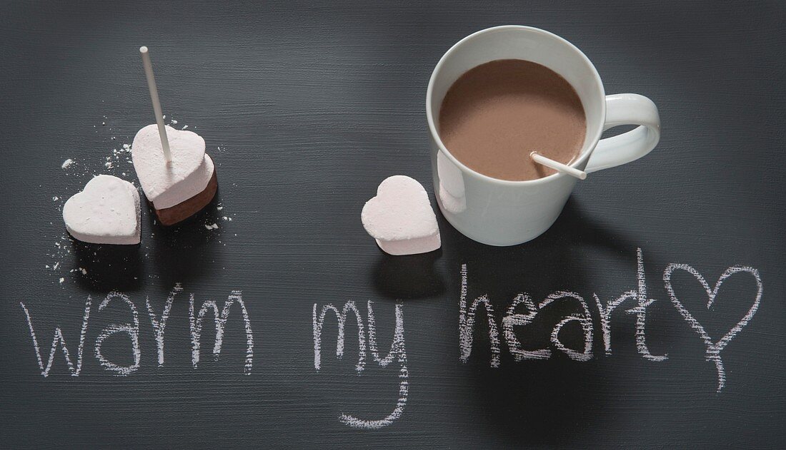 Hot chocolate with heart-shaped marshmallows for Valentine's Day