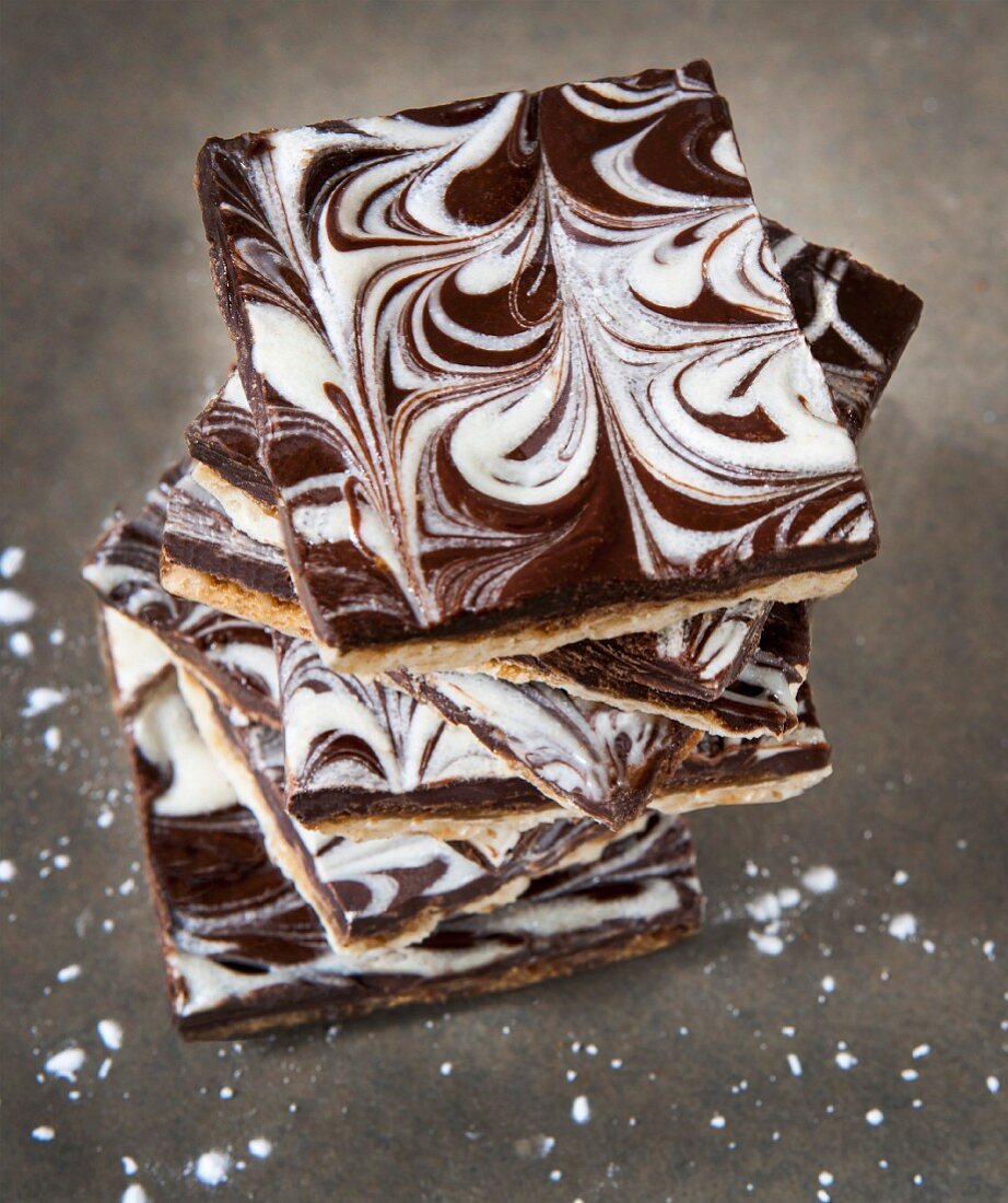 A stack of matzo brittle with chocolate