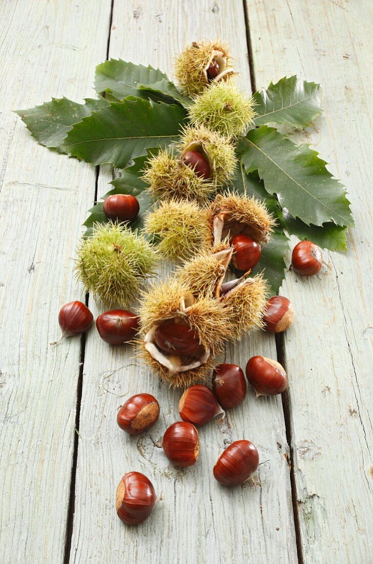 Chestnuts on a rustic wooden table