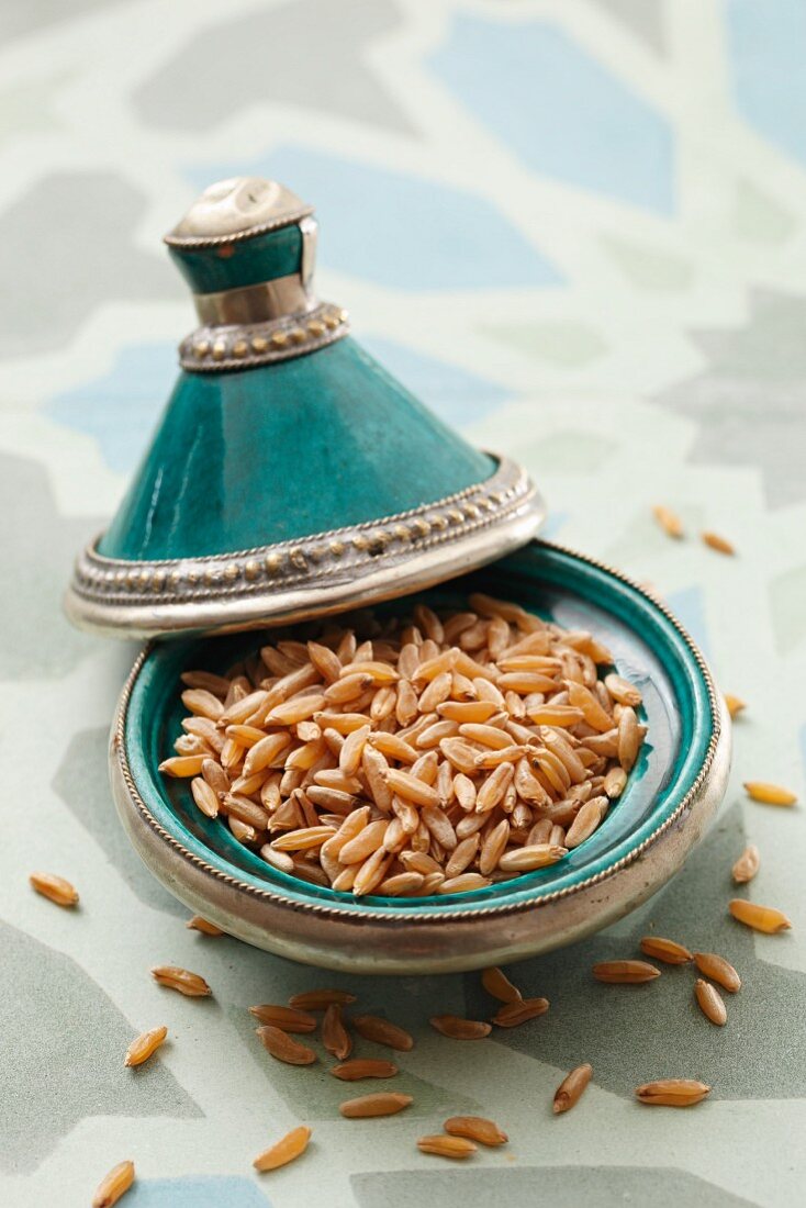Kamut in a turquoise dish