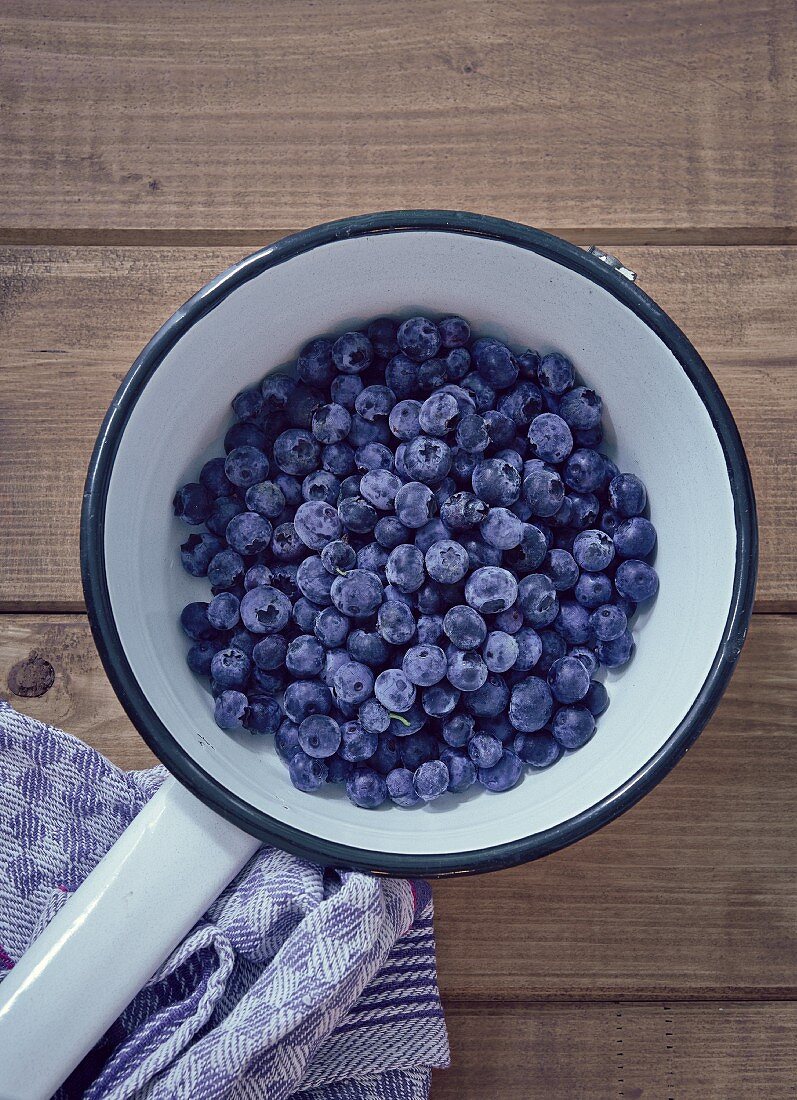 Heidelbeeren in einem weissen Emailtopf