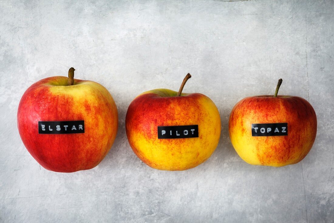 Drei Äpfel der Sorten Elstar, Pilot und Topaz (Aufsicht)