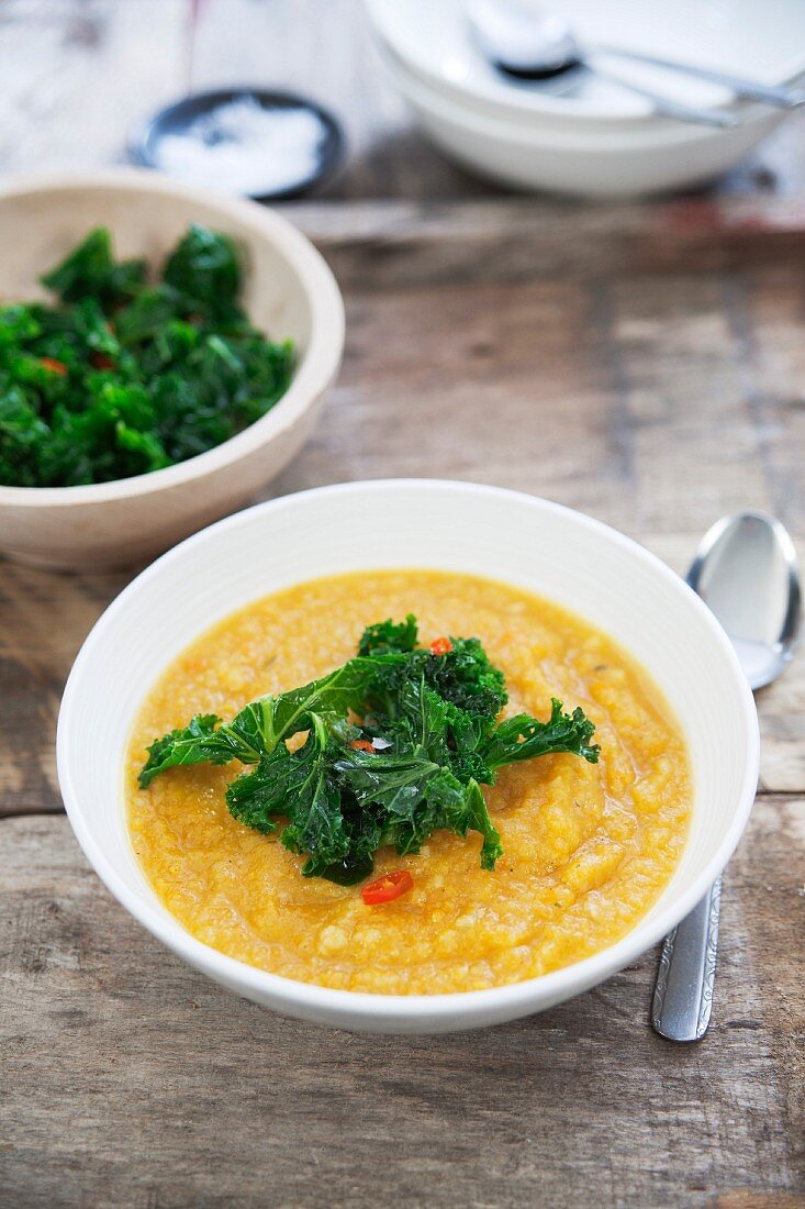 Parsnip and butternut squash soup with kale