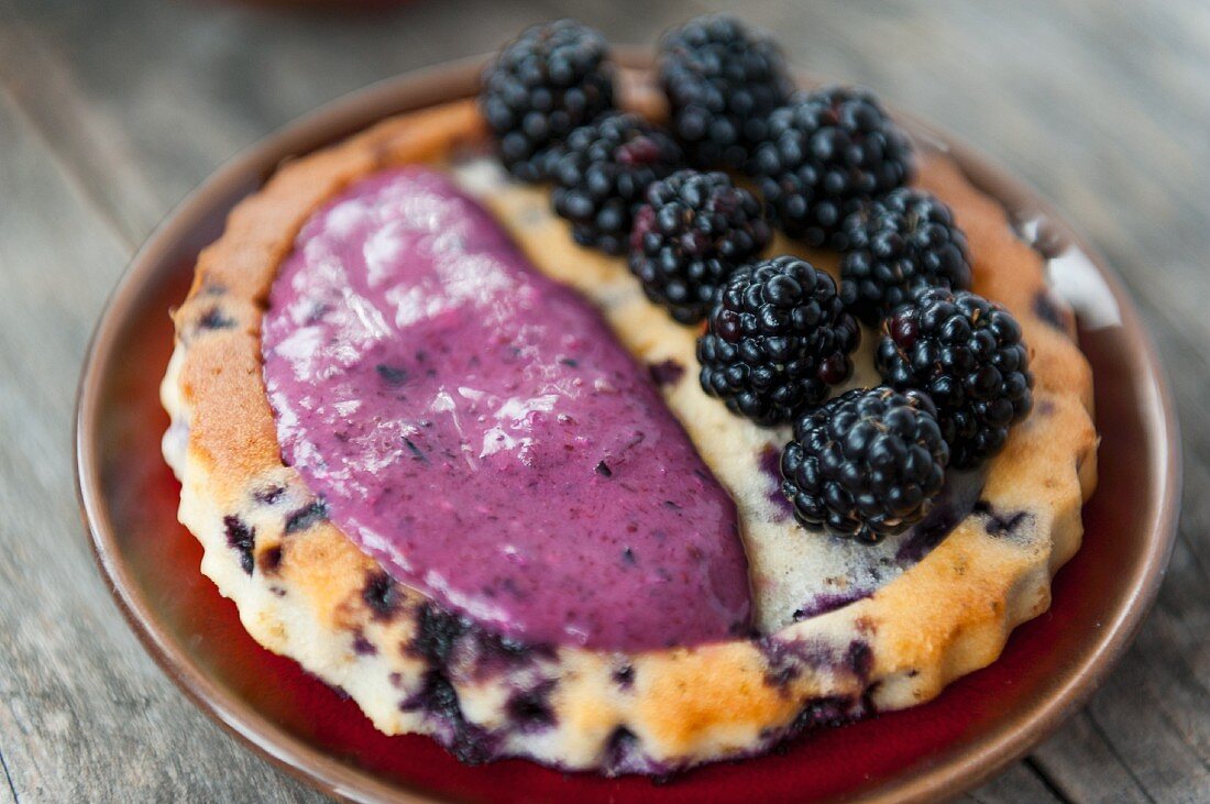 Blackberry tart with blueberry sauce