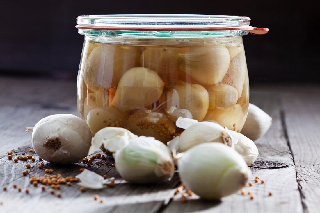 A jar of pickled pearl onions