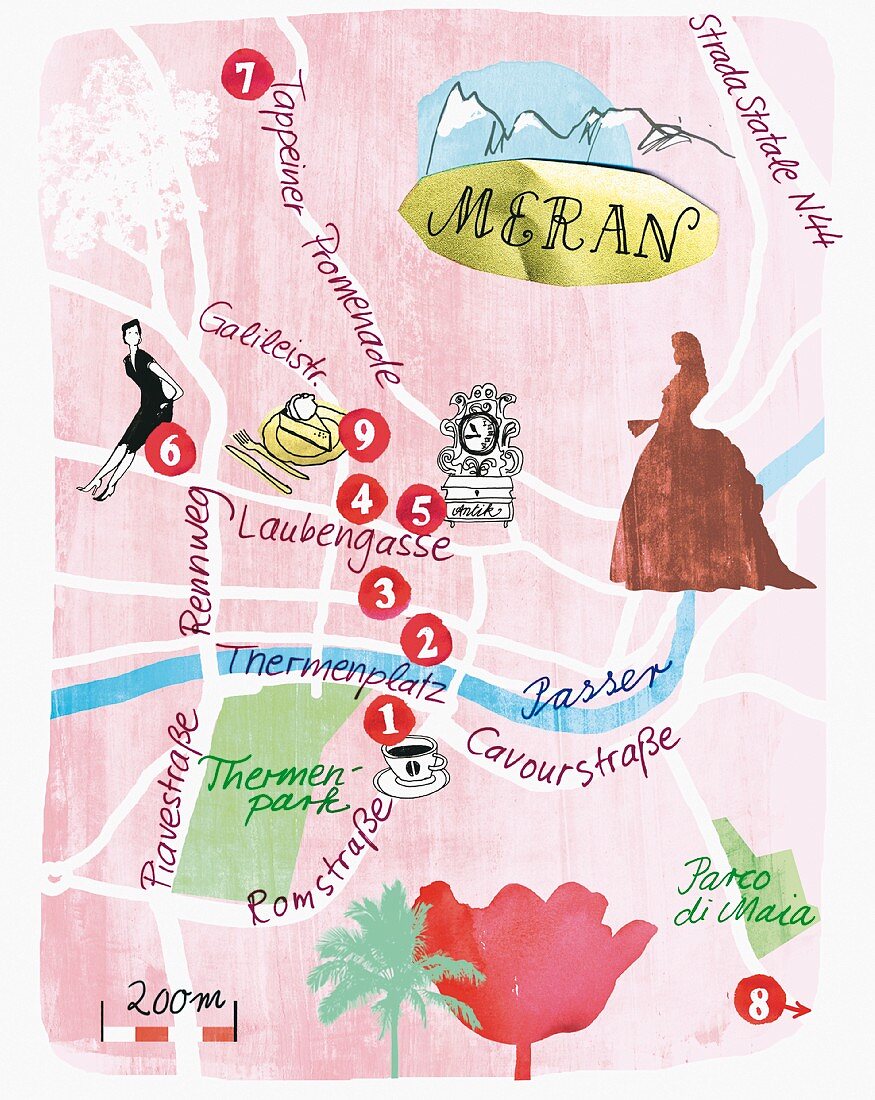 An illustrated map of Meran