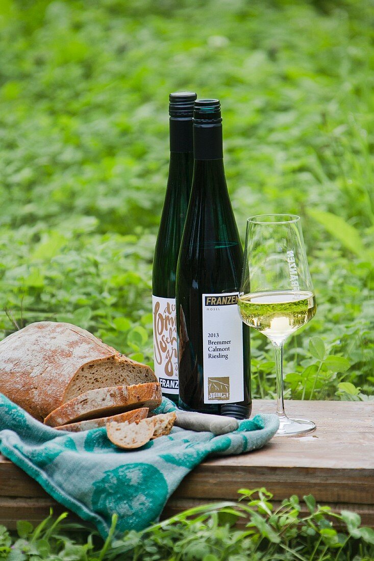 Bread and wine from the Franzen vineyard, Bremm, Rhineland Palatinate, Germany