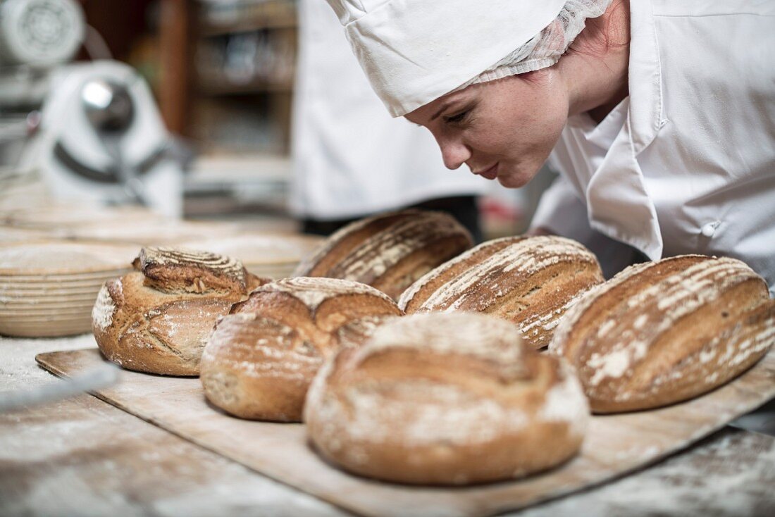 Baker sniffing at freshly baked bread