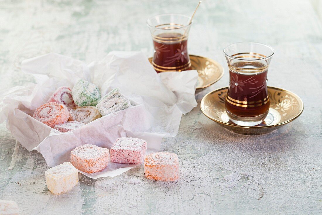 Two glasses of cay tea and Turkish delight (Turkey)