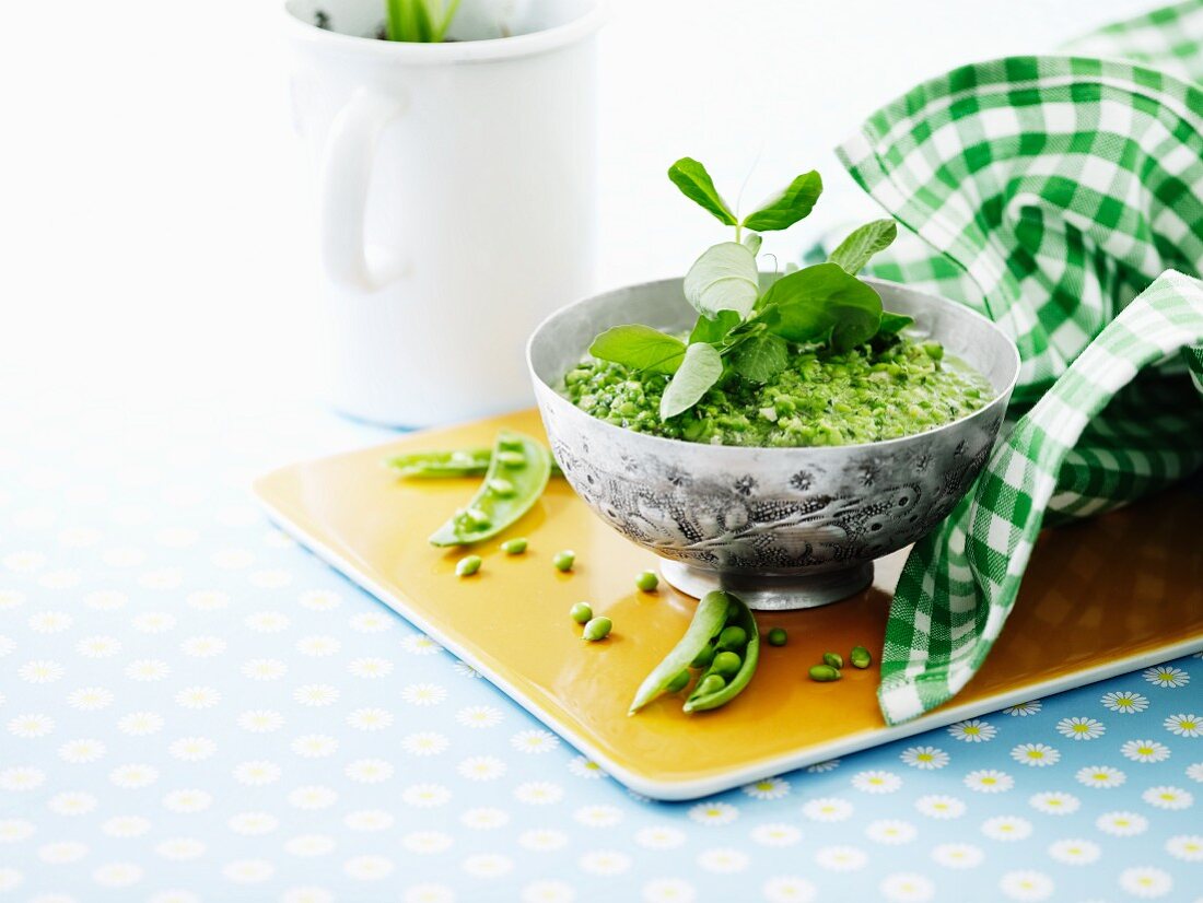 Fresh pea and mint pesto with young peas