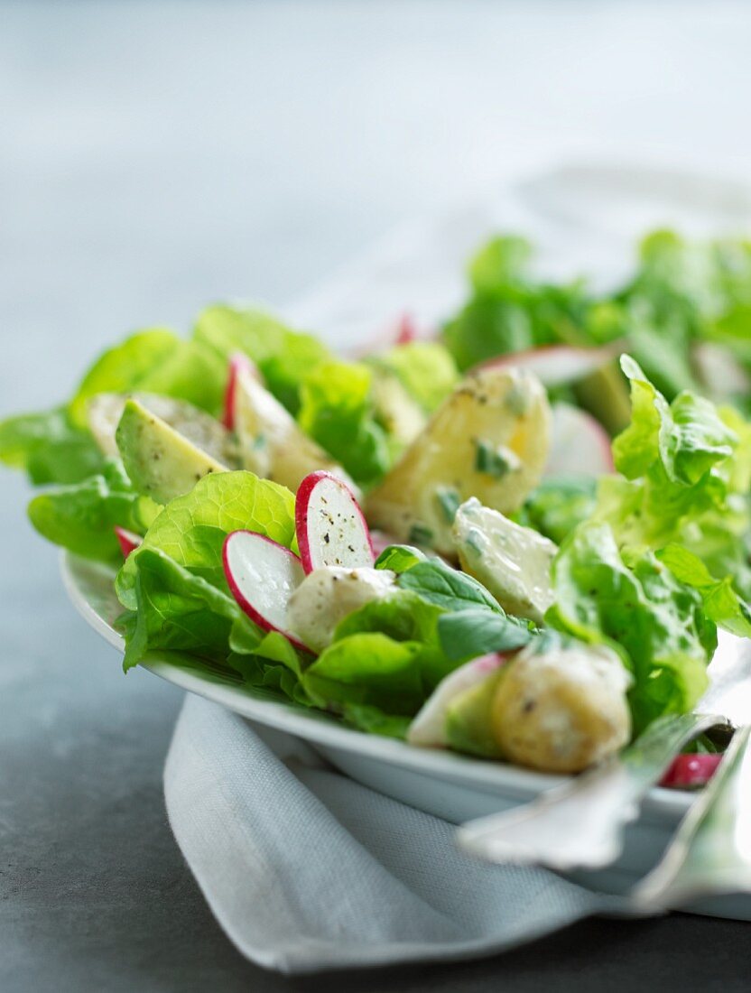 A mixed leaf salad with potatoes and avocado