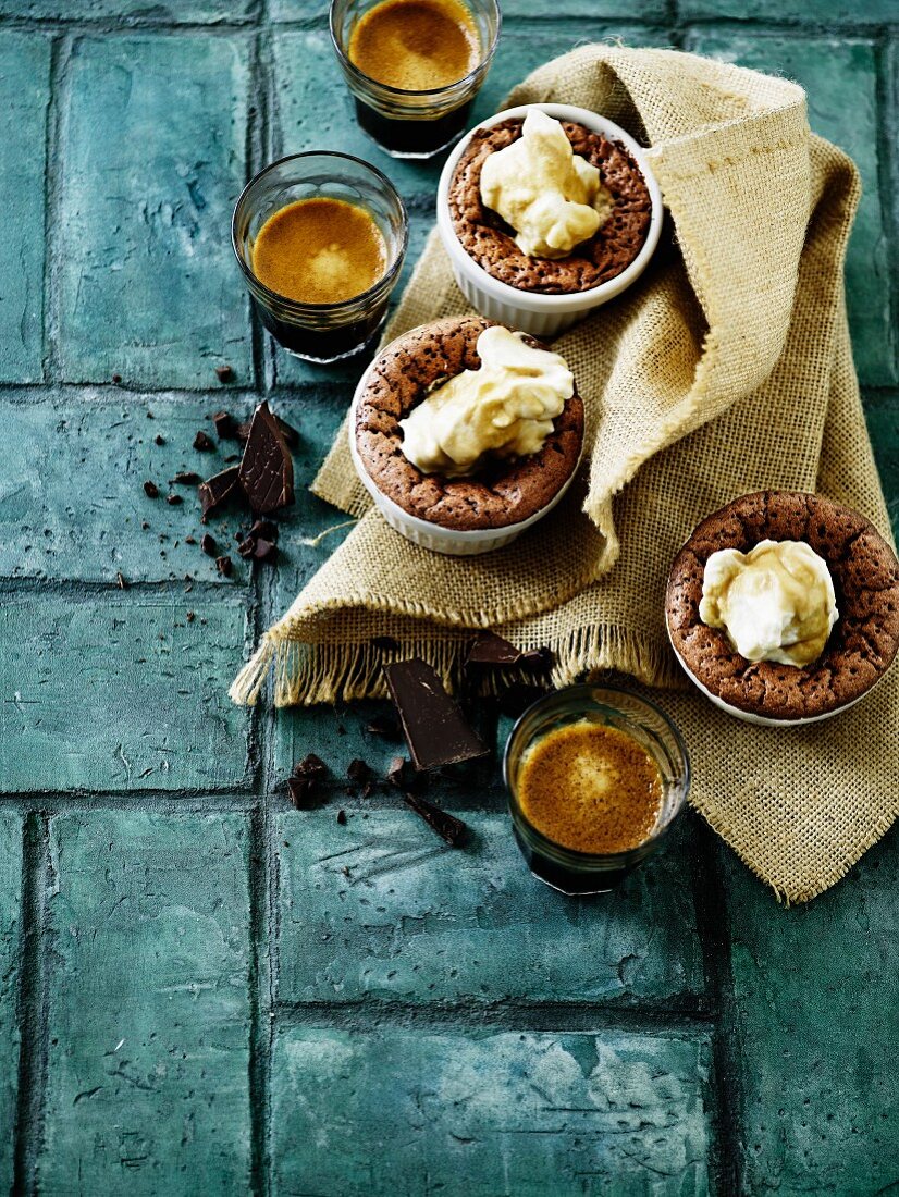 Chocolate cakes with liquid centres served with coffee