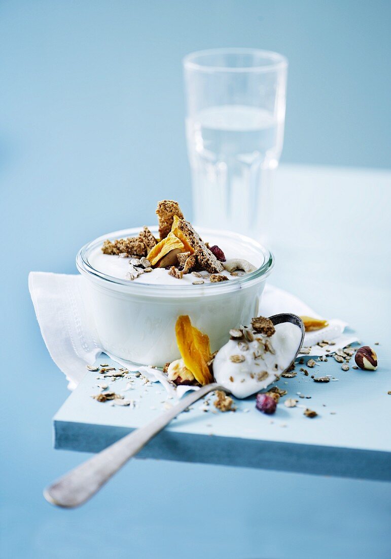 Joghurt mit Trockenfrüchten, Cerealien und Vollkornkeksen