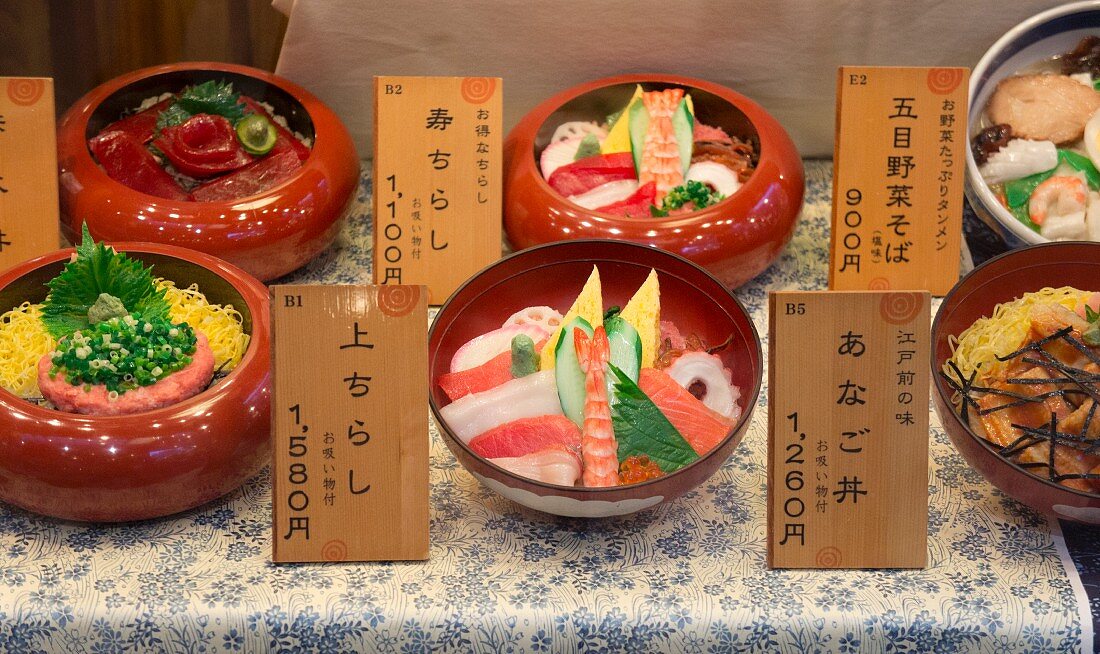 Artificial food in the window of a restaurant, Japan