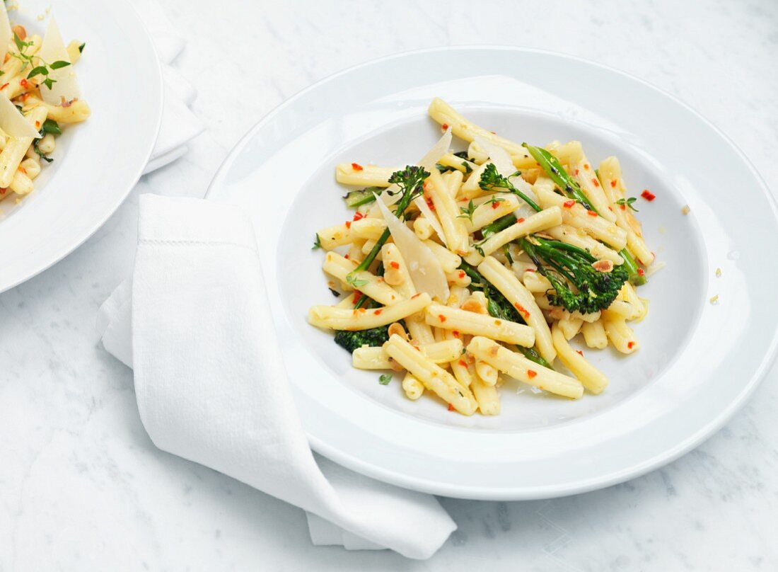 Casarecce with broccoli, chillis, almonds and Parmesan cheese