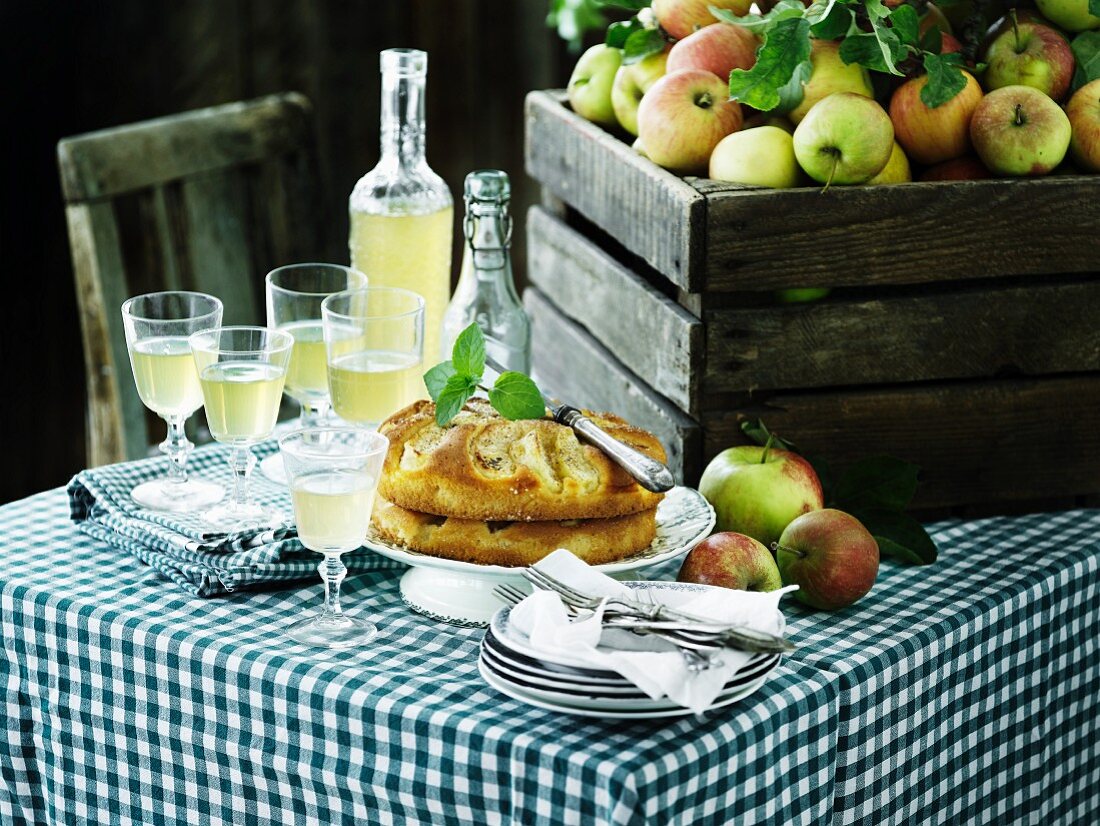 An arrangement of apples featuring apple juice and apple cake on a table laid with a checked cloth