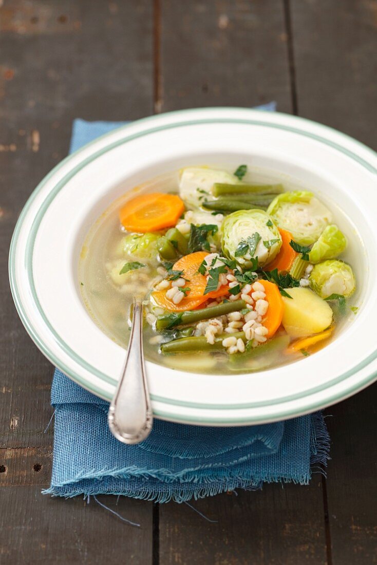 Gemüsesuppe mit Rosenkohl, grünen Bohnen, Karotten, Kartoffeln und Gerste