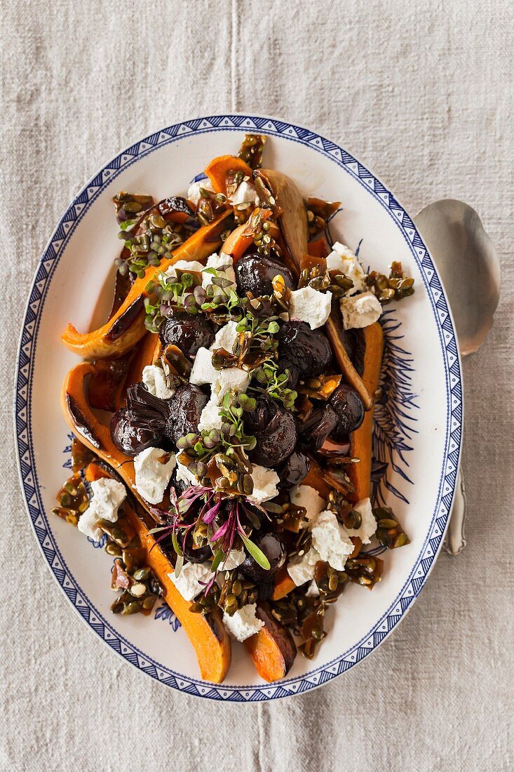 Oven-baked beetroot and pumpkin with caramelised pumpkin seeds