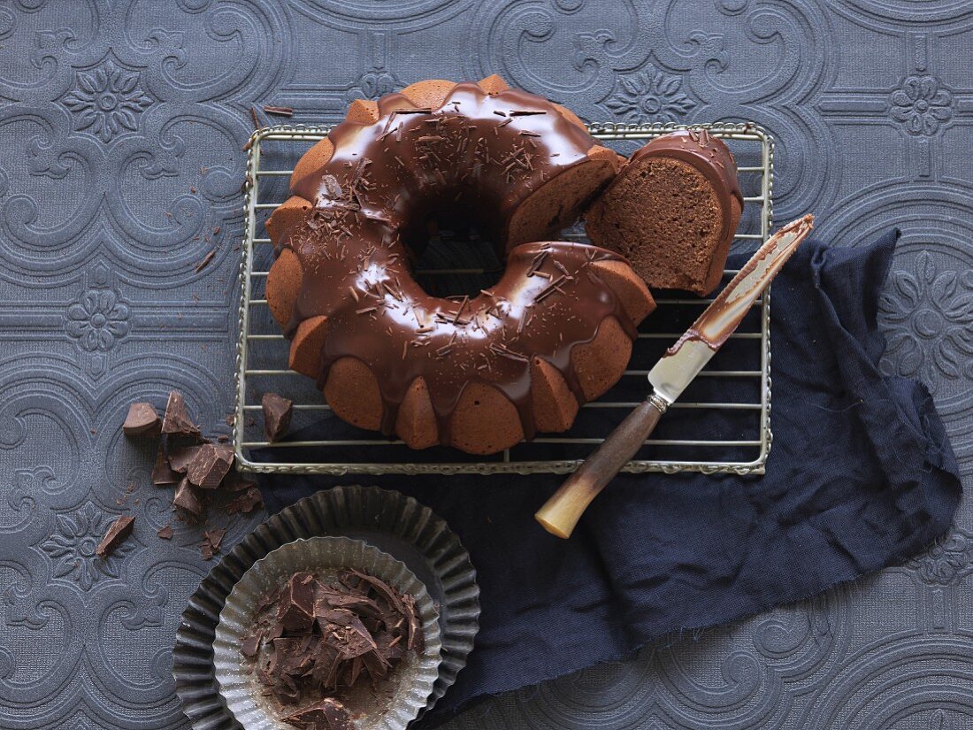 Chocolate Bundt cake with chocolate glaze, sliced