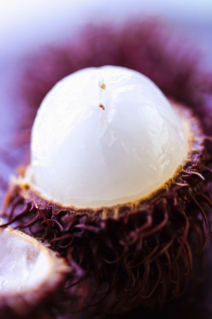 A close-up of an opened rambutan