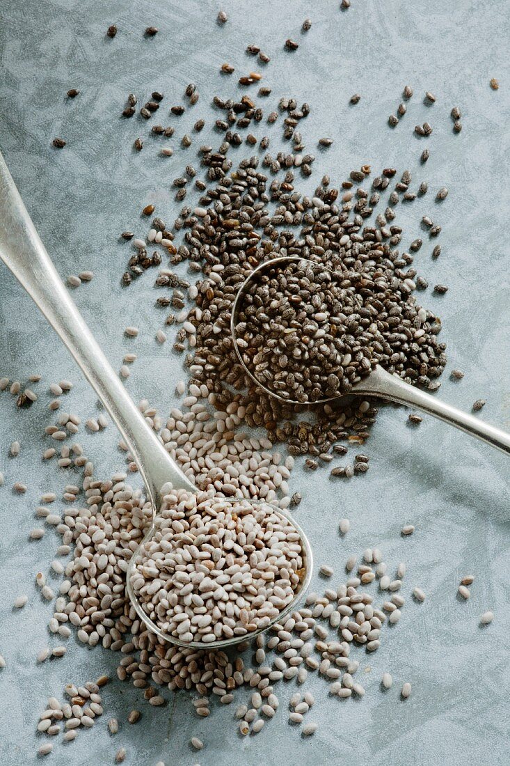 Black and white chia seeds on spoons