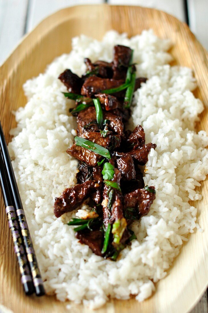 Beef with spring onions on a bed of rice (China)