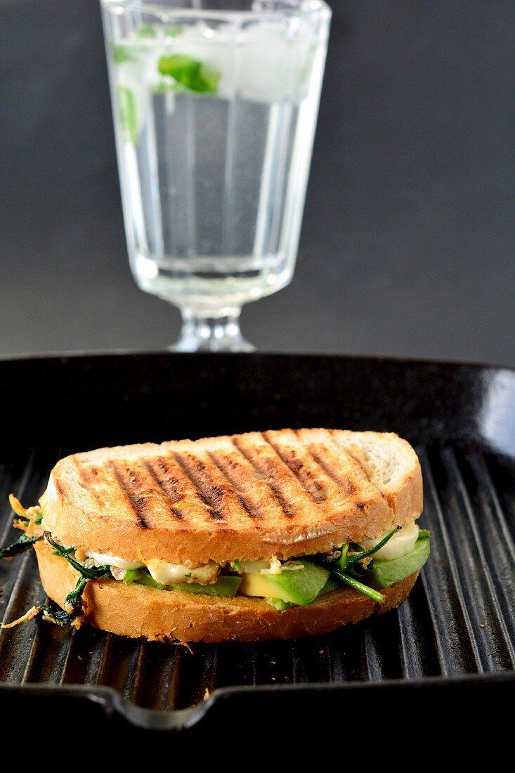 A toasted sandwich with avocado