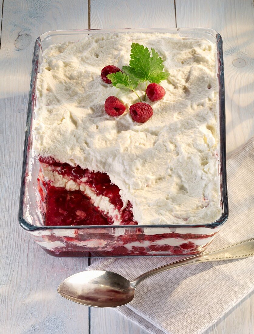 Raspberry and cream meringue in a baking dish