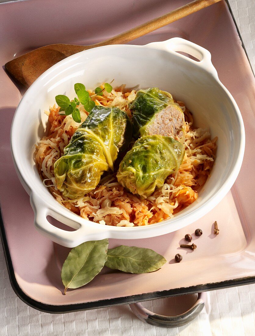 Savoy cabbage roulade with sauerkraut