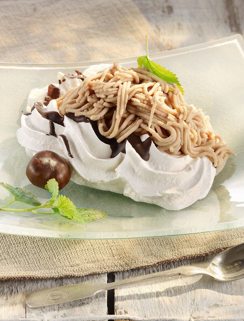 Chestnut cream vermicelli on meringue