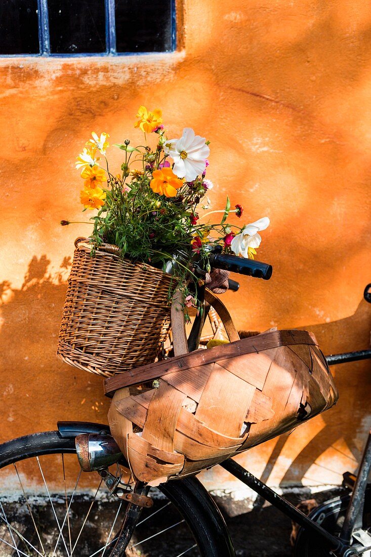 Korb mit Sommerblumen an Vintage Fahrrad vor orangefarbener Fassade mit blauem Fenstergitter