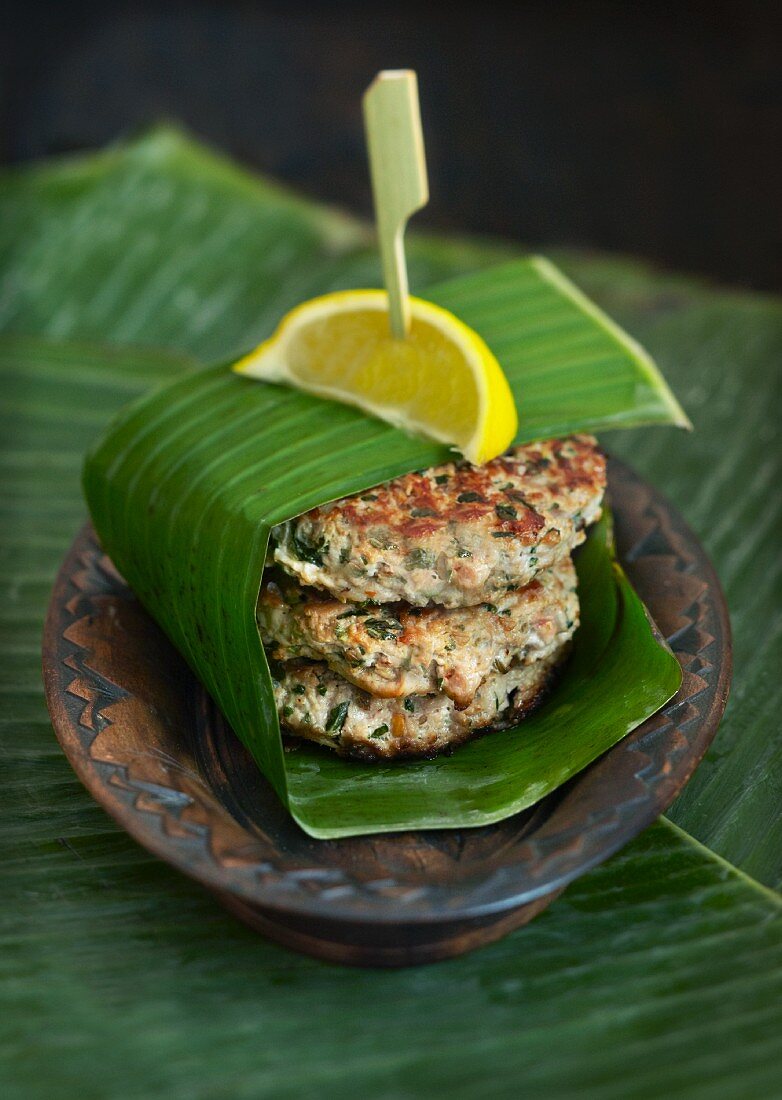 Spicy patties in a banana leaf