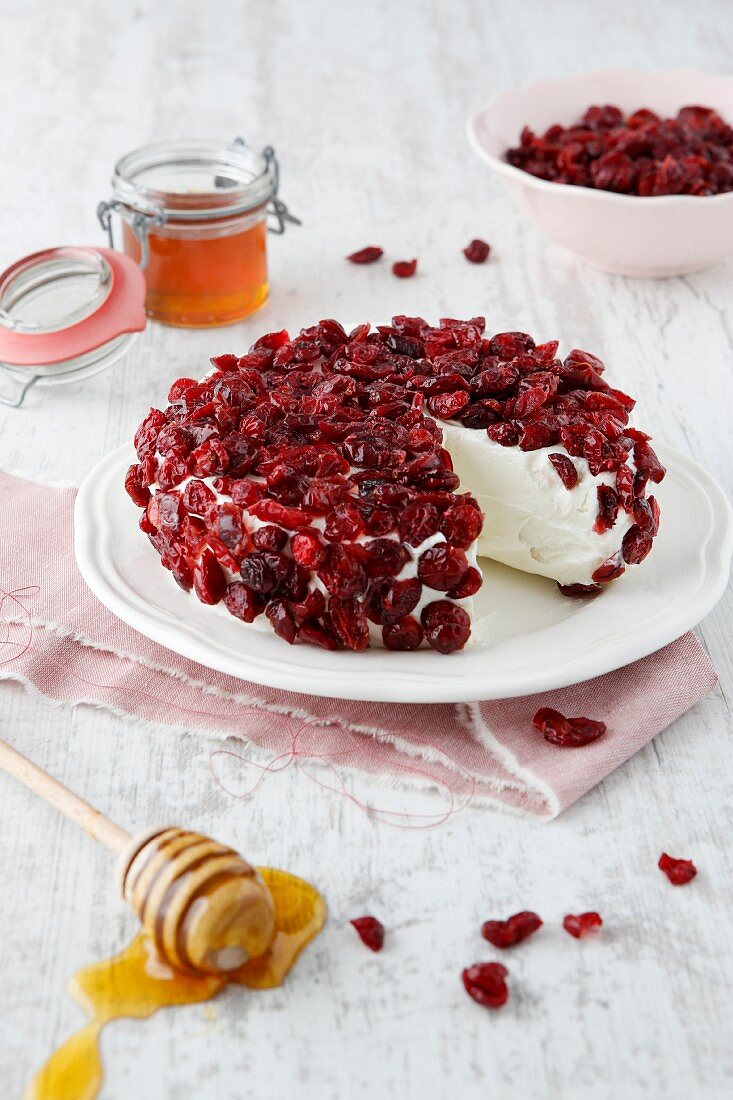 Cream cheese cake with dried cranberries and honey