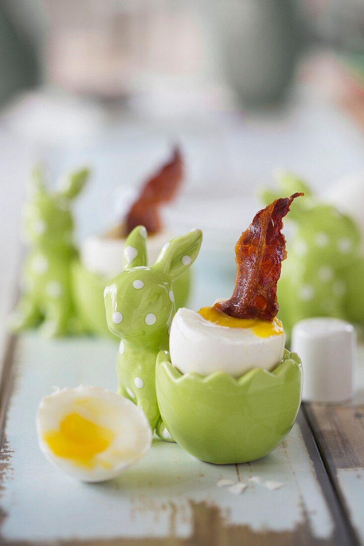 A soft boiled egg and bacon for an Easter breakfast