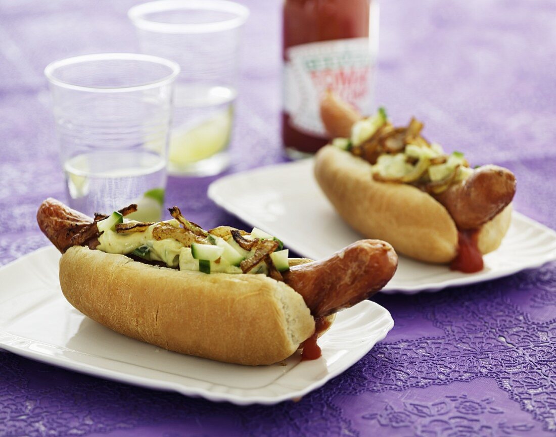Hot dogs with onions and cucumber relish