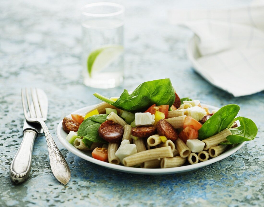 Pasta salad with sausage, tomatoes, feta cheese and spinach