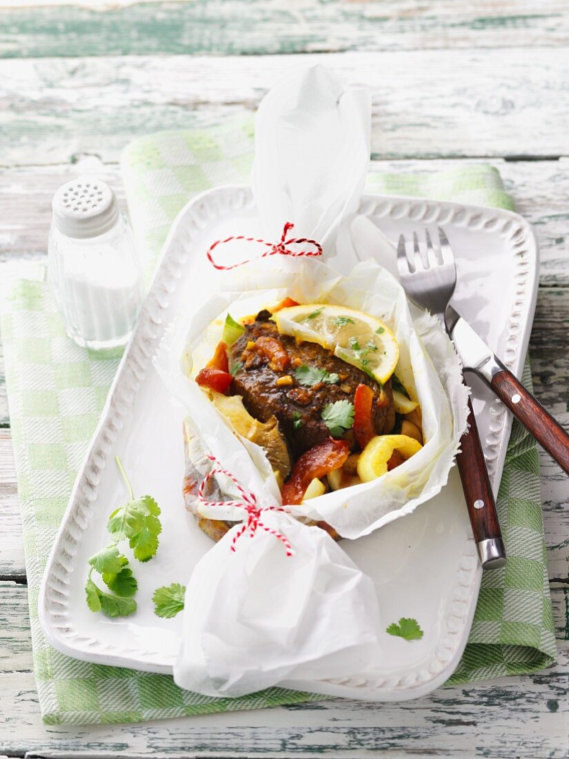 Ginger fillet steak in parchment paper