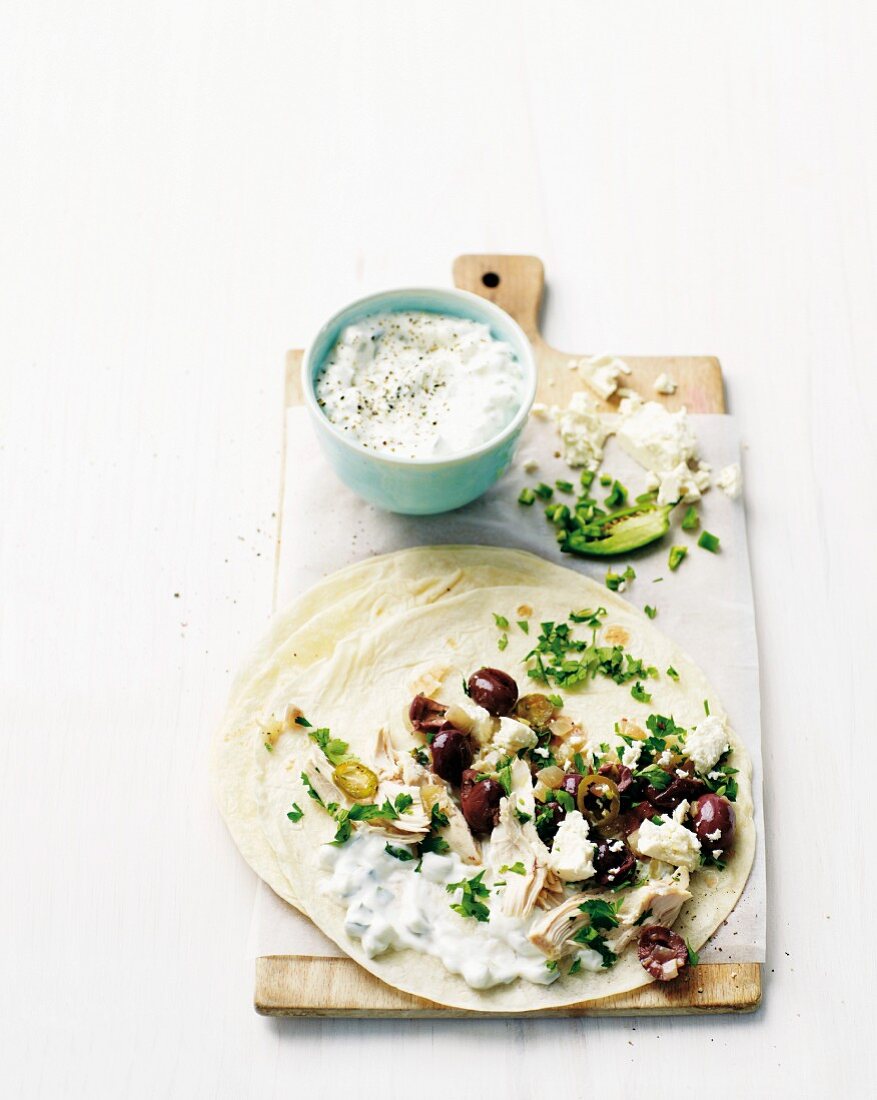 Chicken wrap with olives and feta cheese