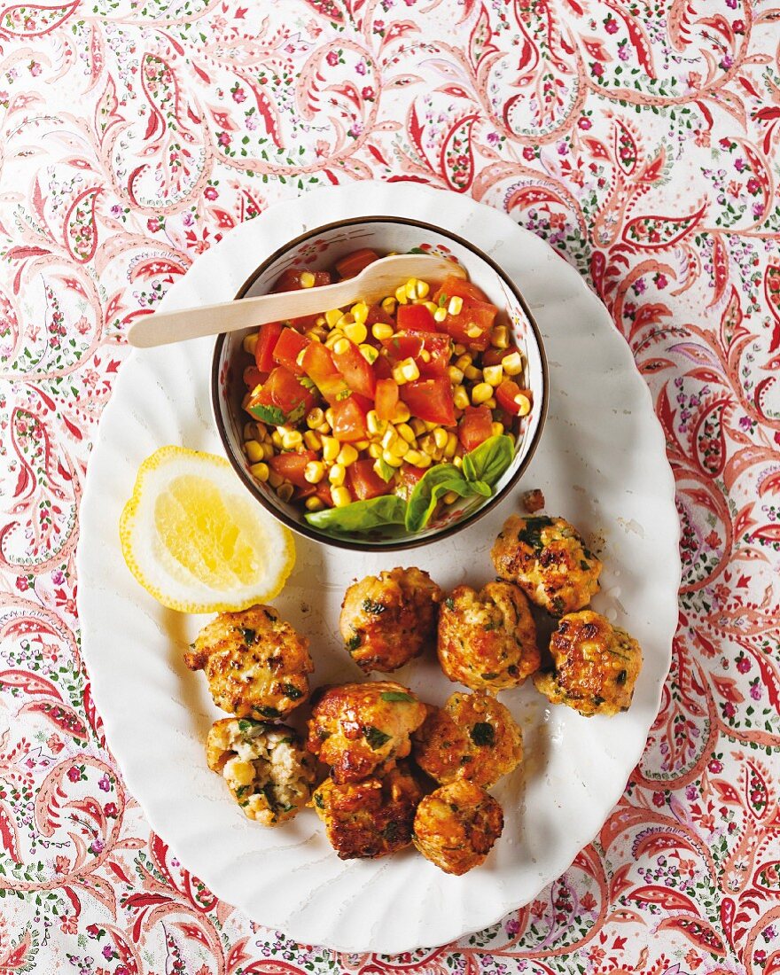 Tuna fish balls with sweet corn salsa