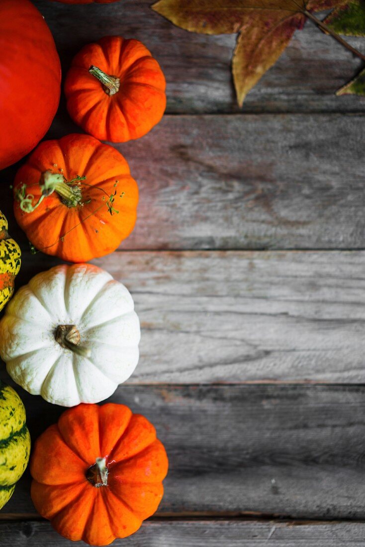 Bunte Kürbisse und Herbstblätter auf rustikalem Holzuntergrund